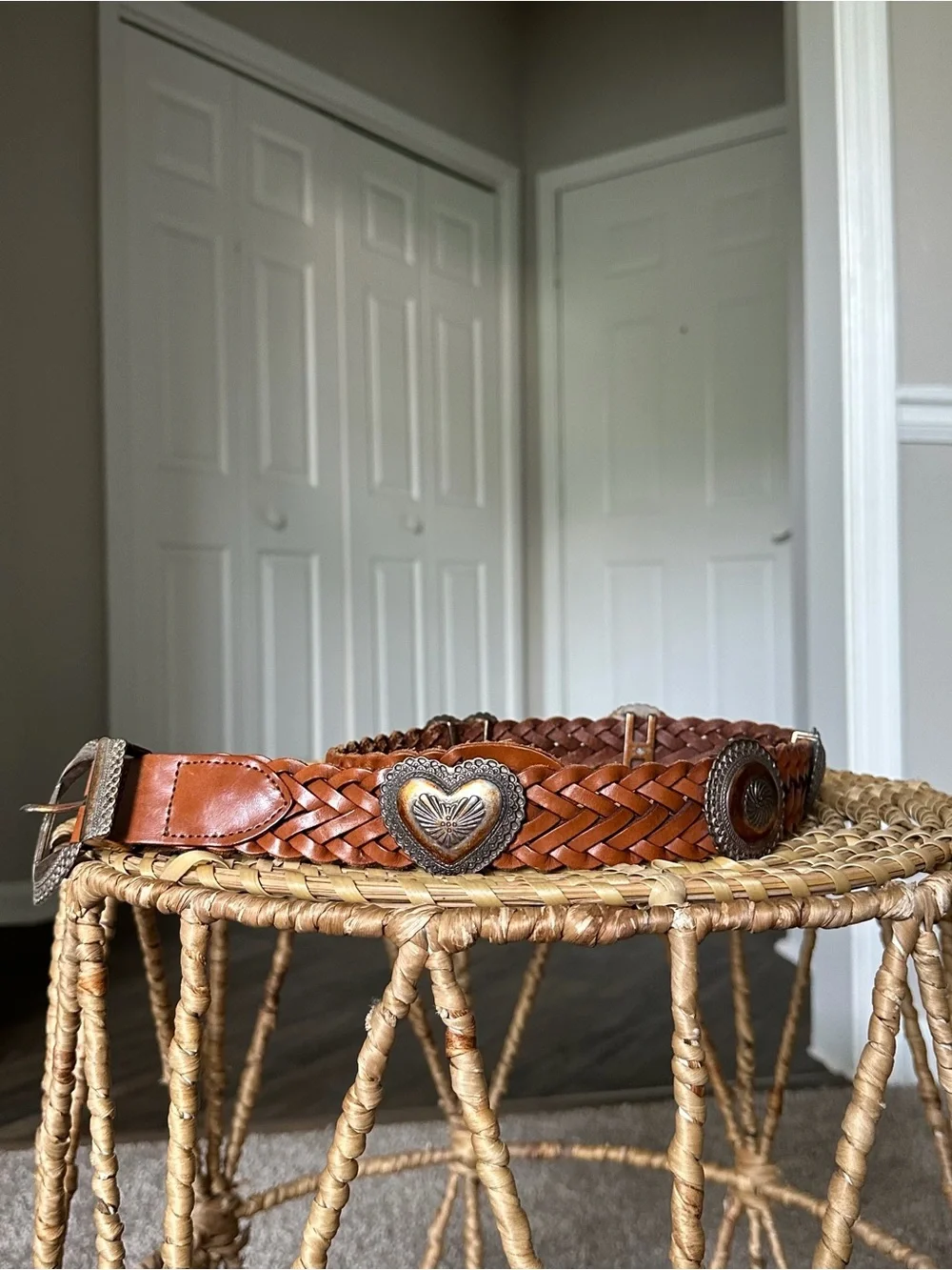 Brighton Braided Leather Belt with Heart Conchos in Chestnut Brown and Silver